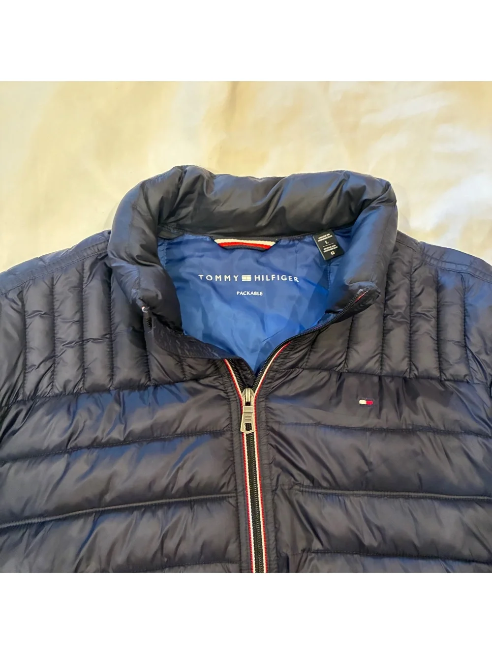 Tommy Hilfiger Mens Lightweight Packable Quilted Puffer Navy Blue Jacket Size L